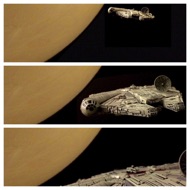 EXTERIOR: SPACE -- PLANET TATOOINE. The Corellian pirate ship zooms from Tatooine into space. #starwars #anhwt #toyshelf
